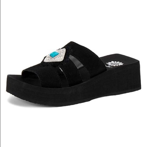 Yellow Box Black Suede Platform Slip-On Sandals with Turquoise and Silver Accent - Picture 12 of 12